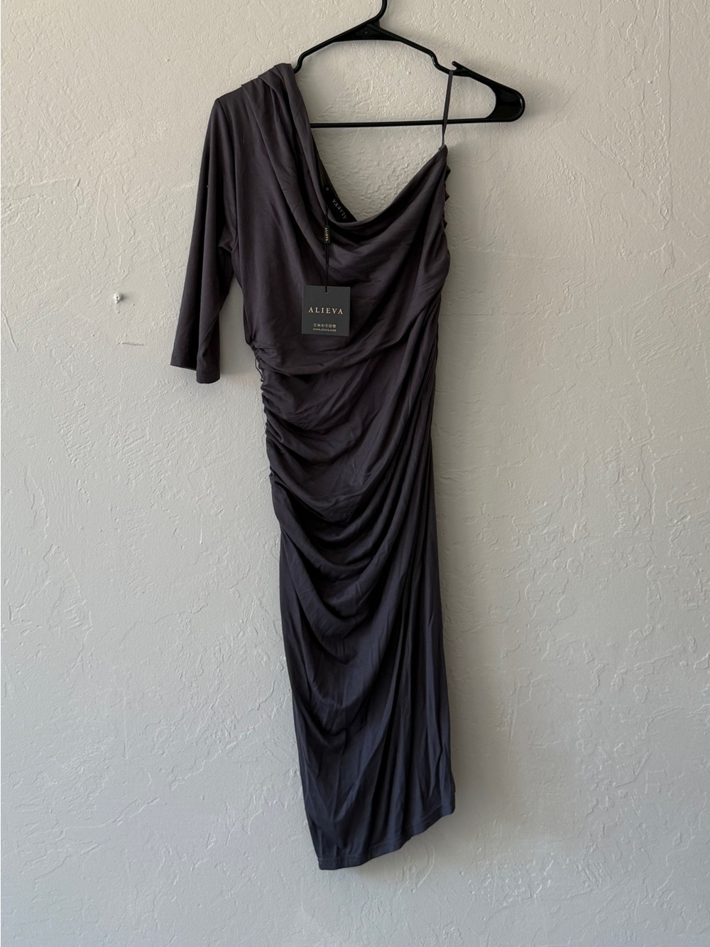 NEW. One-Shoulder Ruched Midi Dress - Charcoal